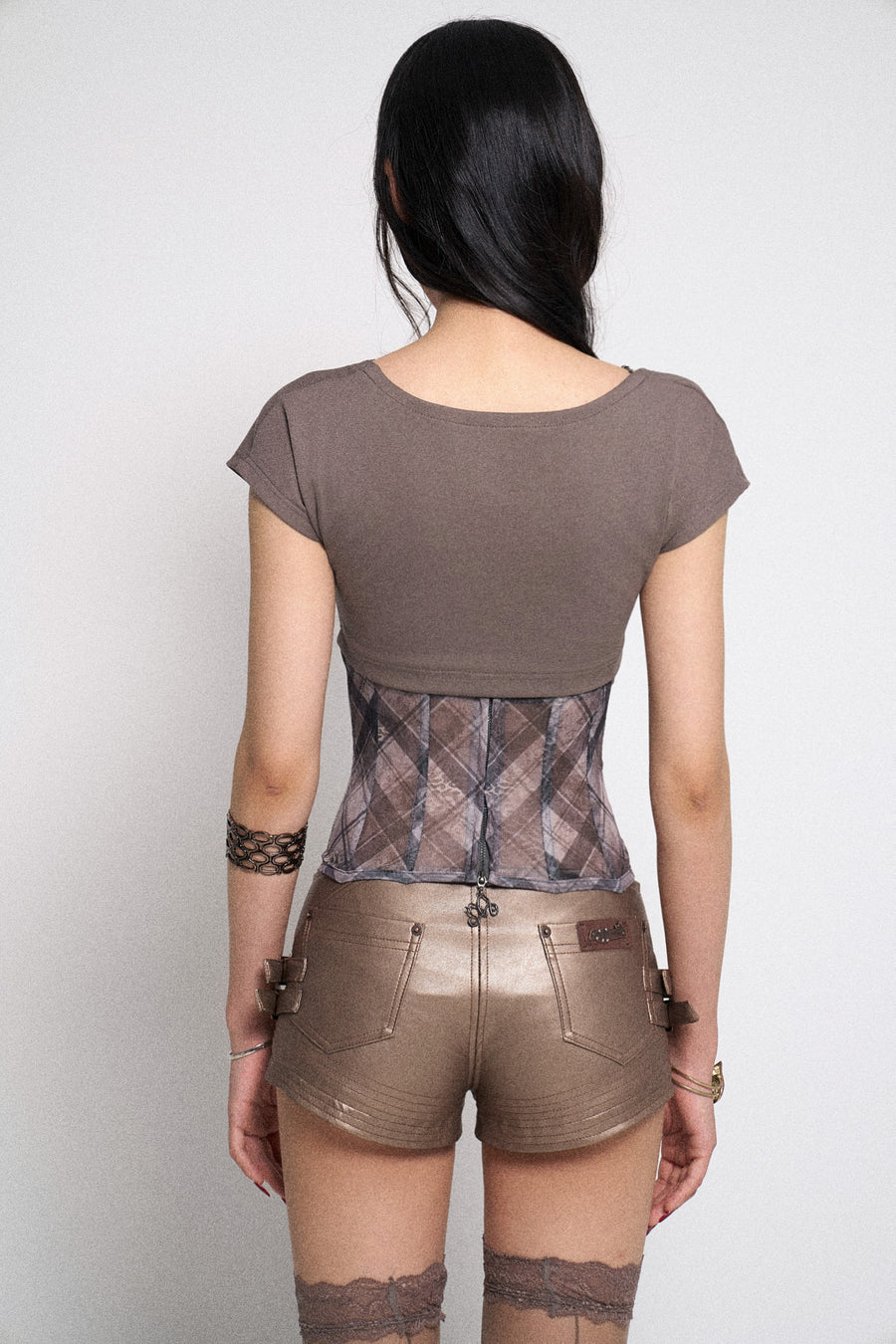 Gray Checkered Waisted Mesh Patchwork Knit T-Shirt Top