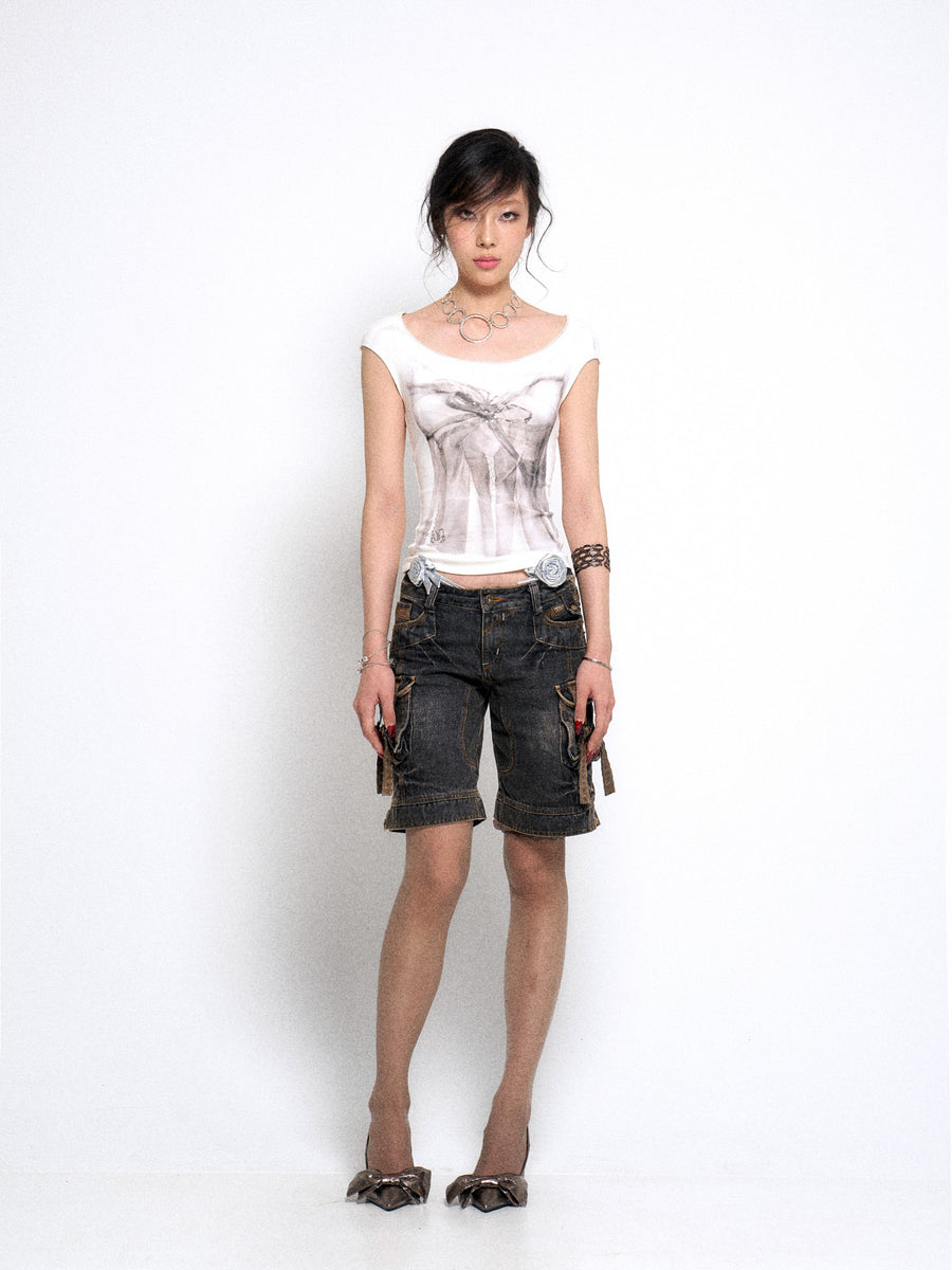 Multi Pocket Black Denim Five Point Pants