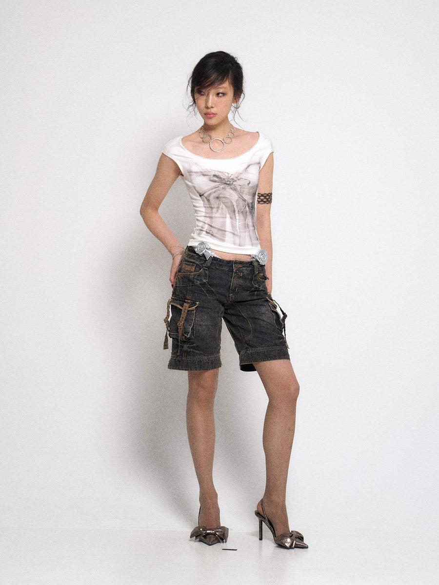 Multi Pocket Black Denim Five Point Pants