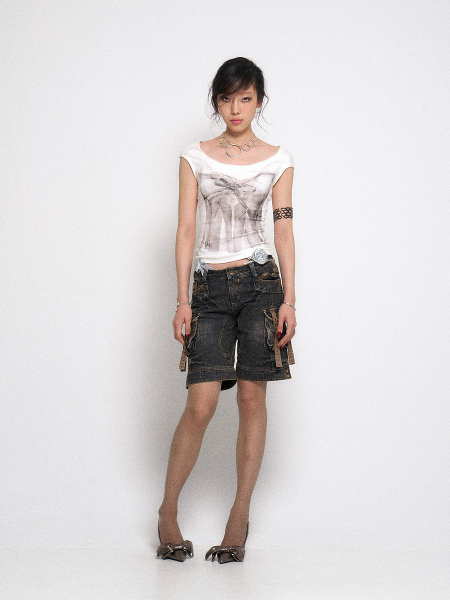 Multi Pocket Black Denim Five Point Pants