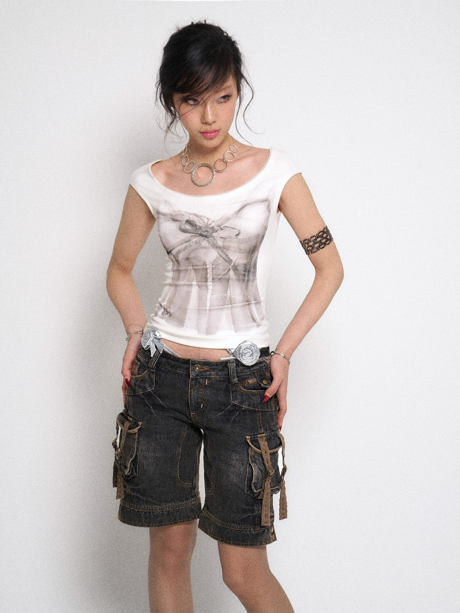 Multi Pocket Black Denim Five Point Pants