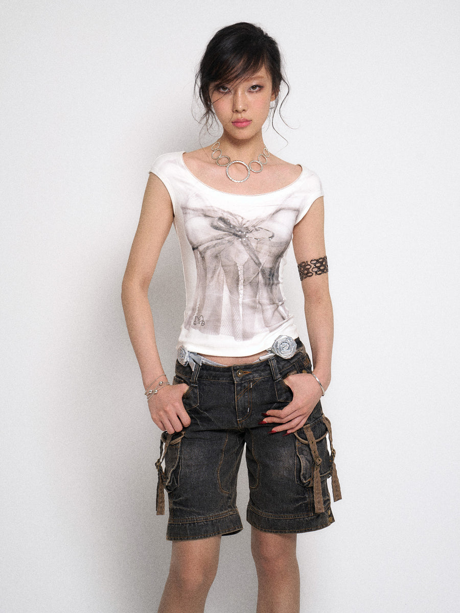 Multi Pocket Black Denim Five Point Pants