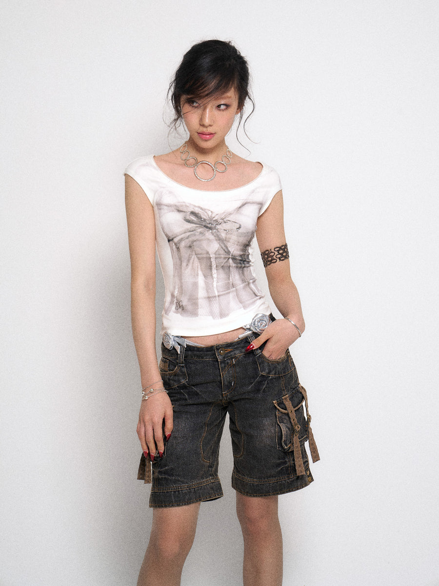 Multi Pocket Black Denim Five Point Pants