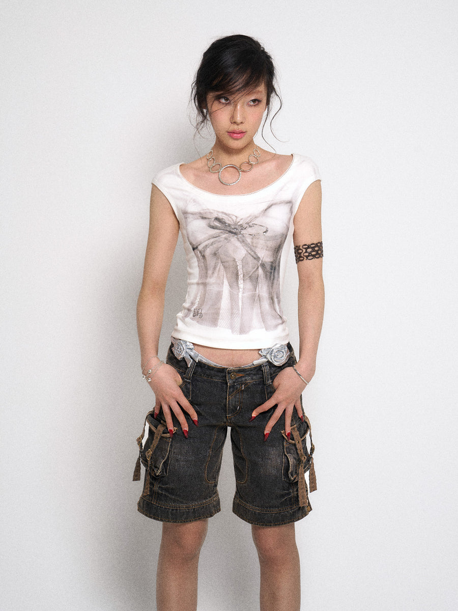 Multi Pocket Black Denim Five Point Pants