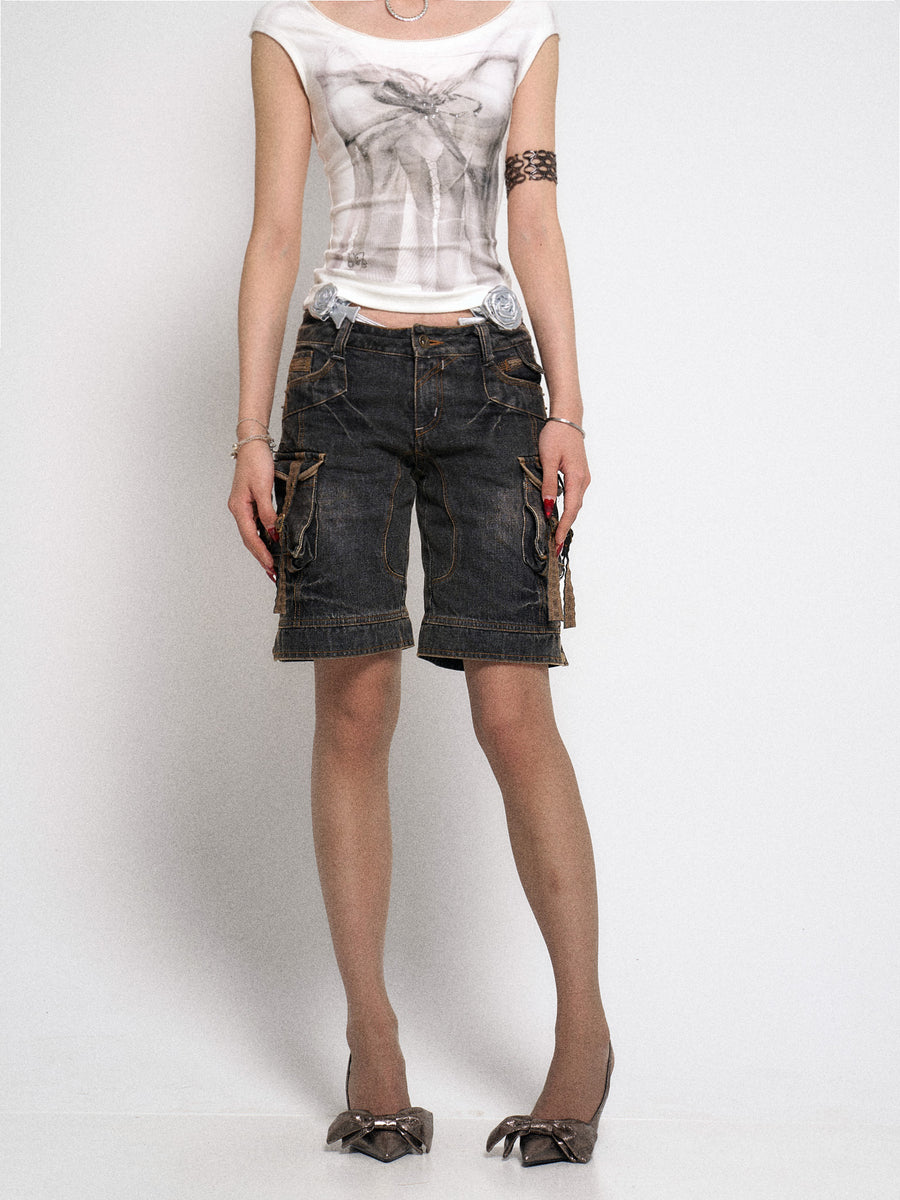 Multi Pocket Black Denim Five Point Pants