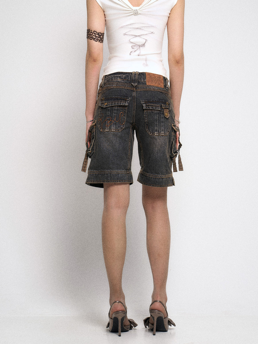 Multi Pocket Black Denim Five Point Pants