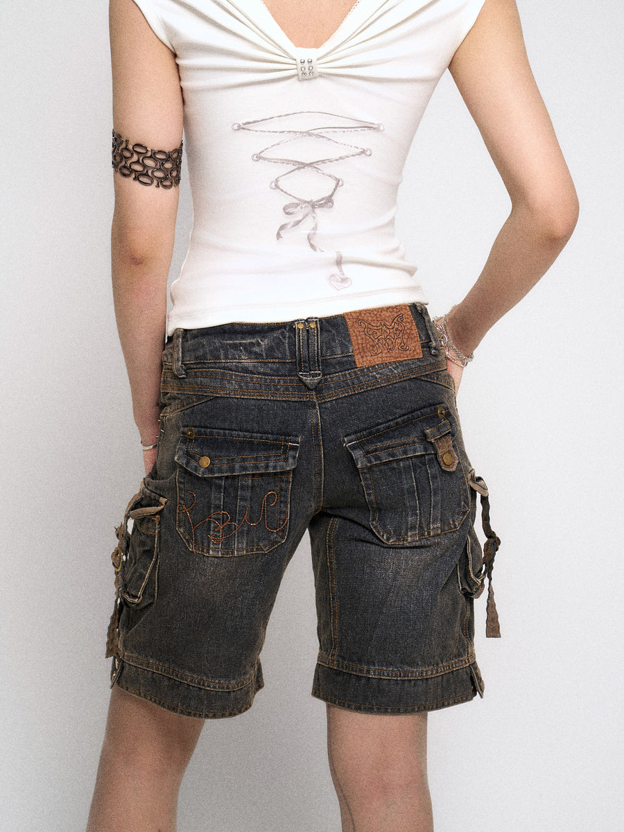 Multi Pocket Black Denim Five Point Pants