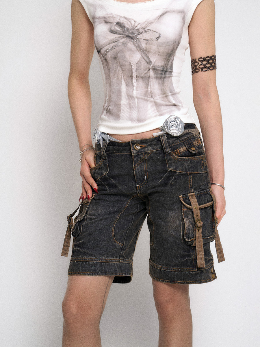 Multi Pocket Black Denim Five Point Pants
