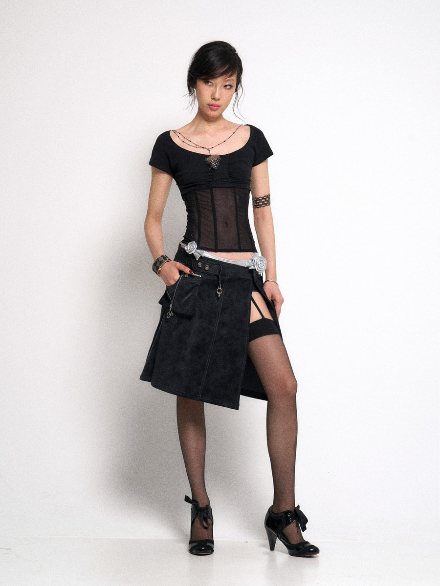 Black Waist Cinching Mesh Patchwork Knit T-Shirt Top