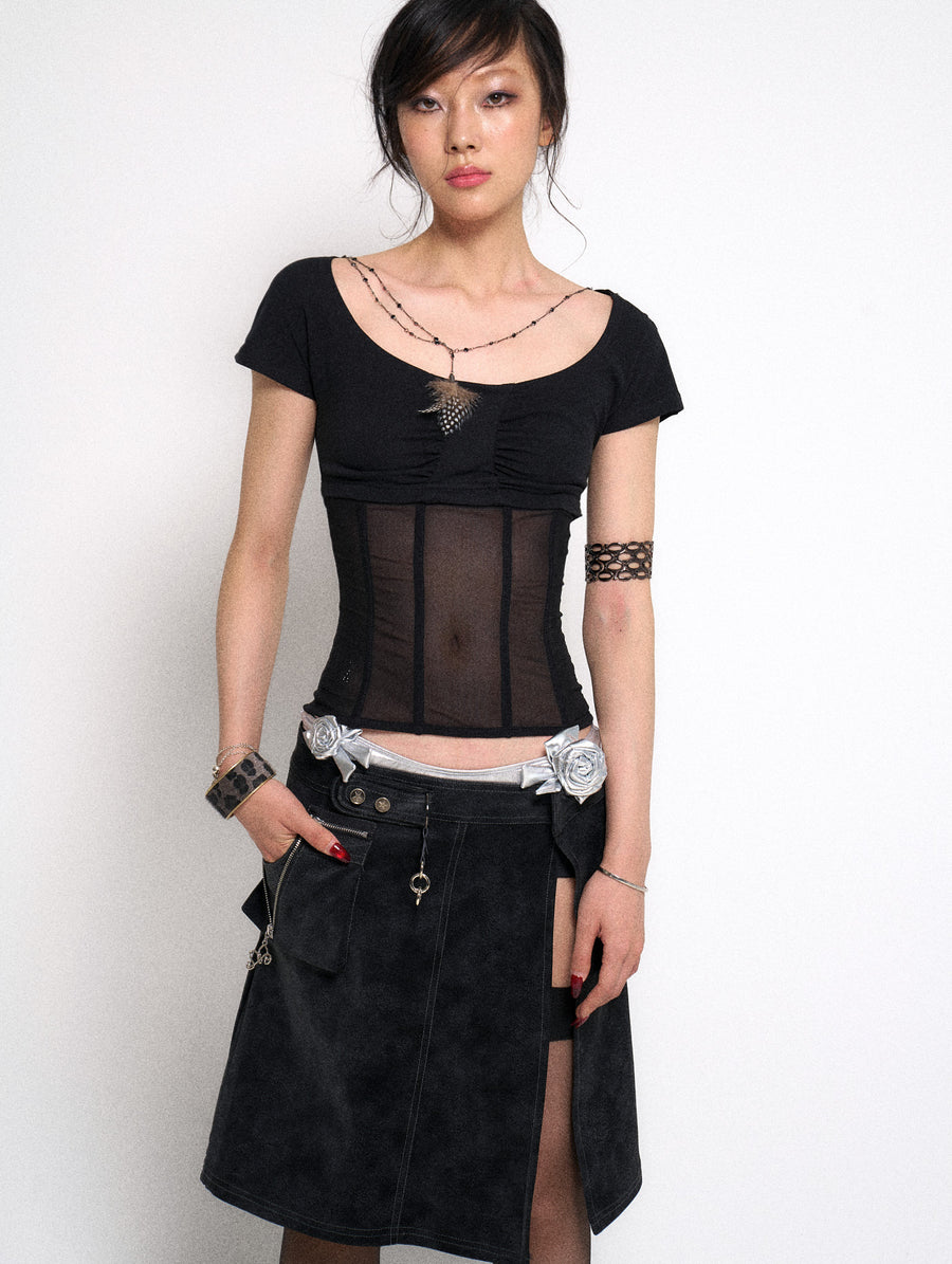 Black Waist Cinching Mesh Patchwork Knit T-Shirt Top