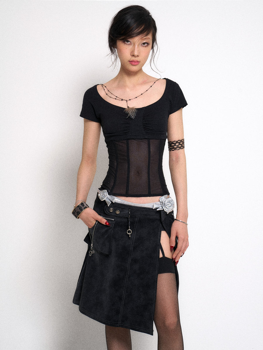 Black Waist Cinching Mesh Patchwork Knit T-Shirt Top