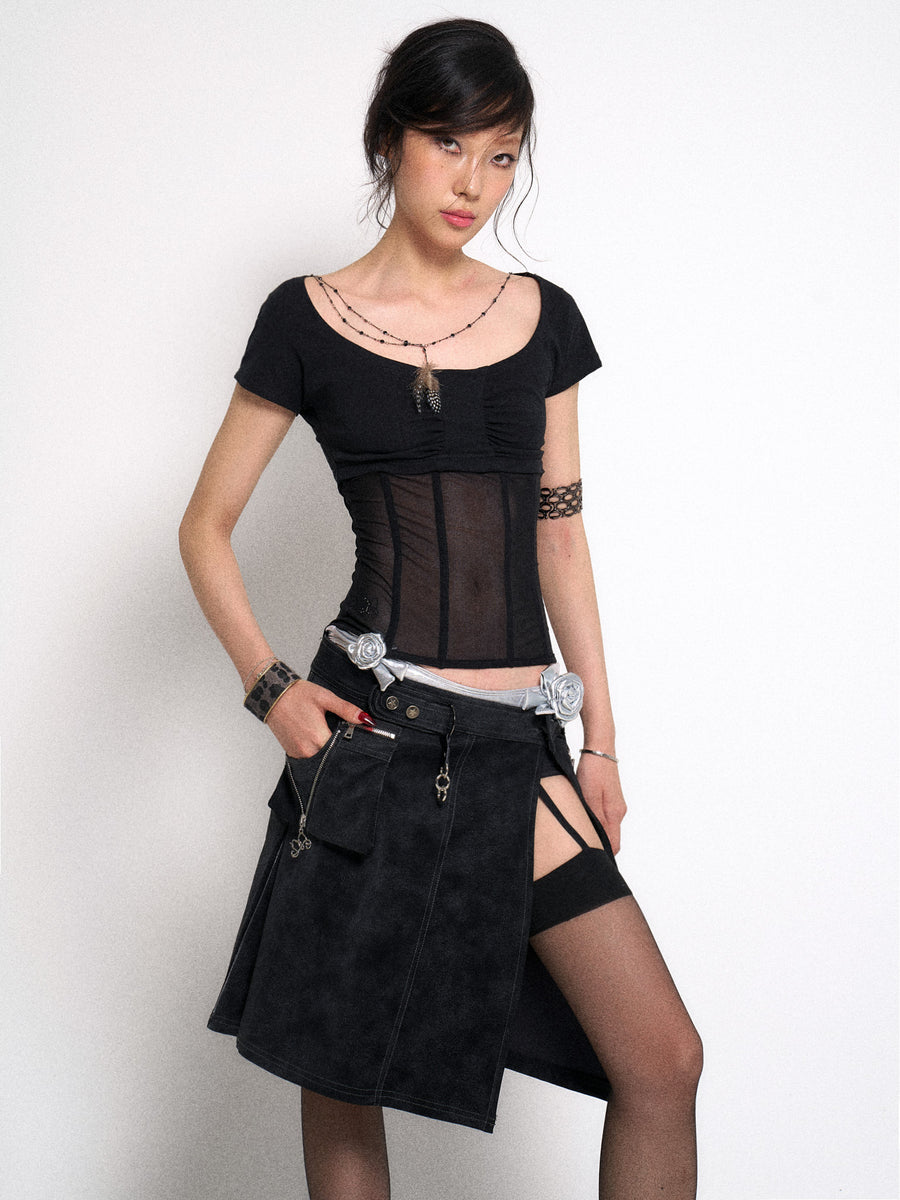 Black Waist Cinching Mesh Patchwork Knit T-Shirt Top