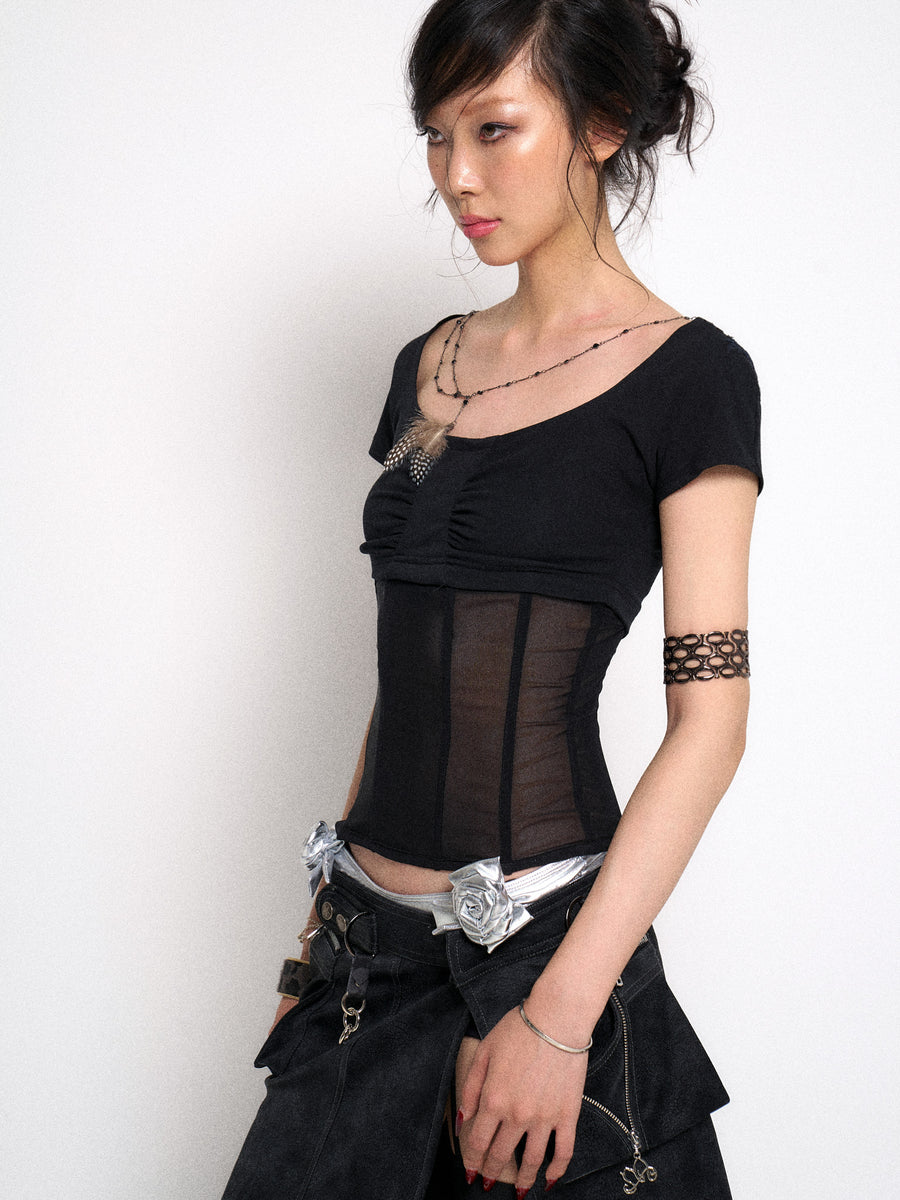 Black Waist Cinching Mesh Patchwork Knit T-Shirt Top