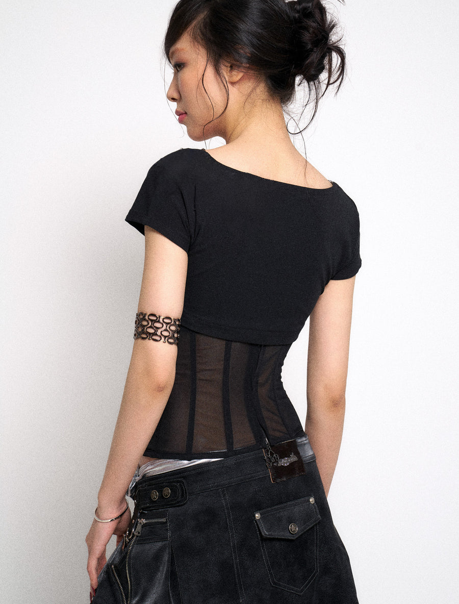 Black Waist Cinching Mesh Patchwork Knit T-Shirt Top