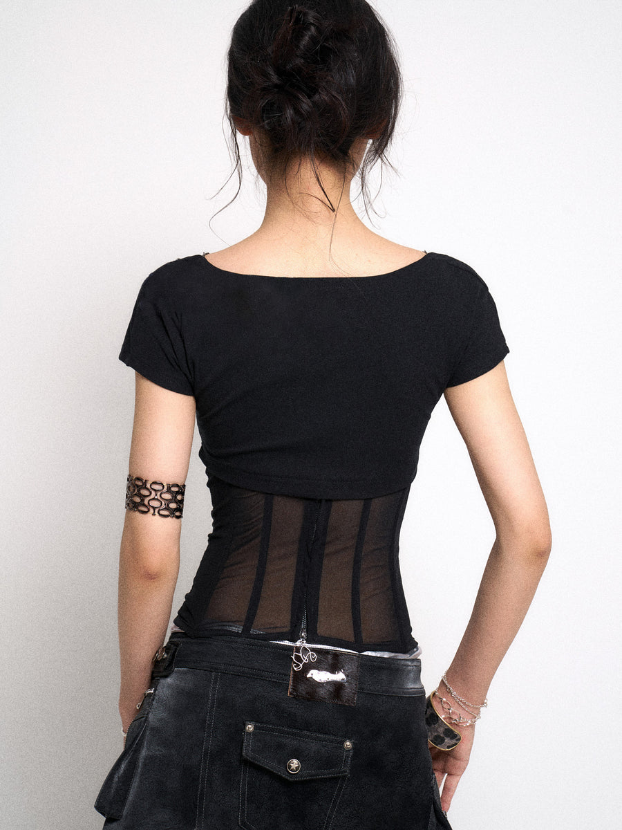 Black Waist Cinching Mesh Patchwork Knit T-Shirt Top
