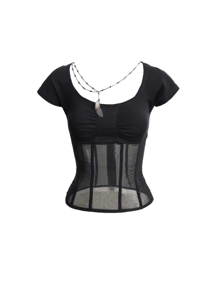Black Waist Cinching Mesh Patchwork Knit T-Shirt Top