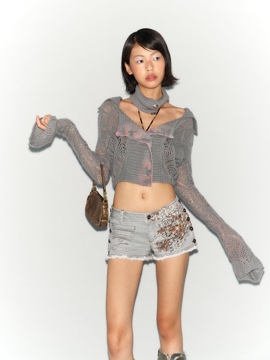 Leopard Print Stretch Denim Shorts