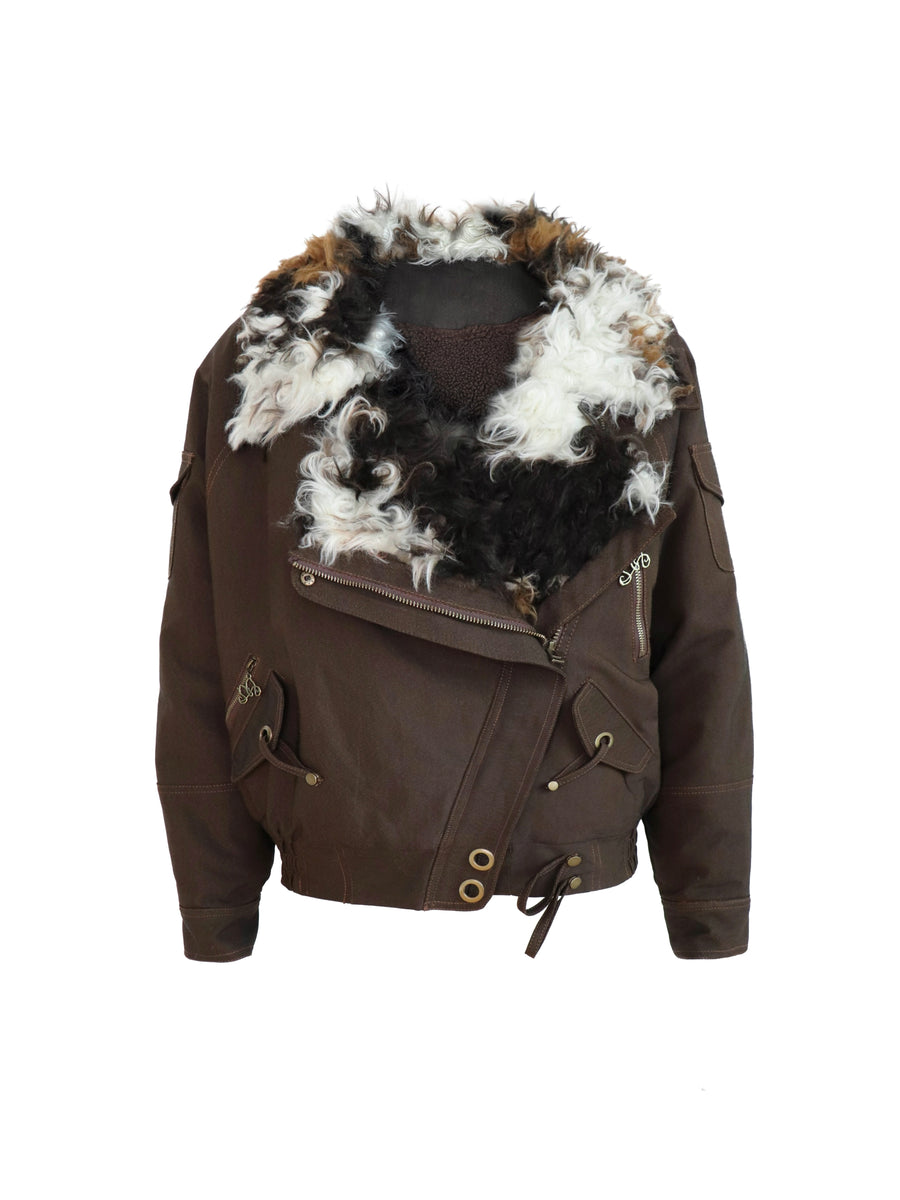 Cow Print Oversized Fur Lamb's Wool Collar Parka