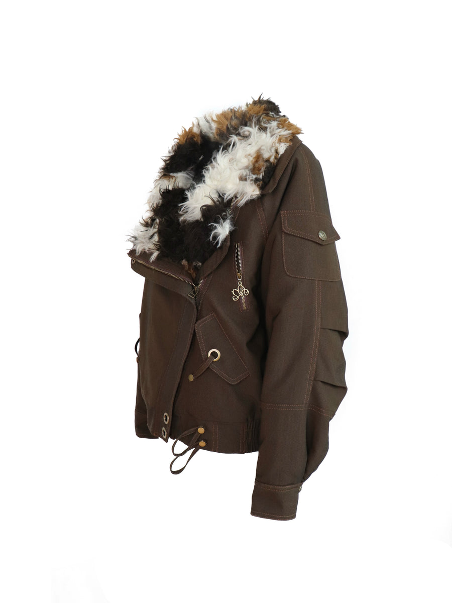 Cow Print Oversized Fur Lamb's Wool Collar Parka