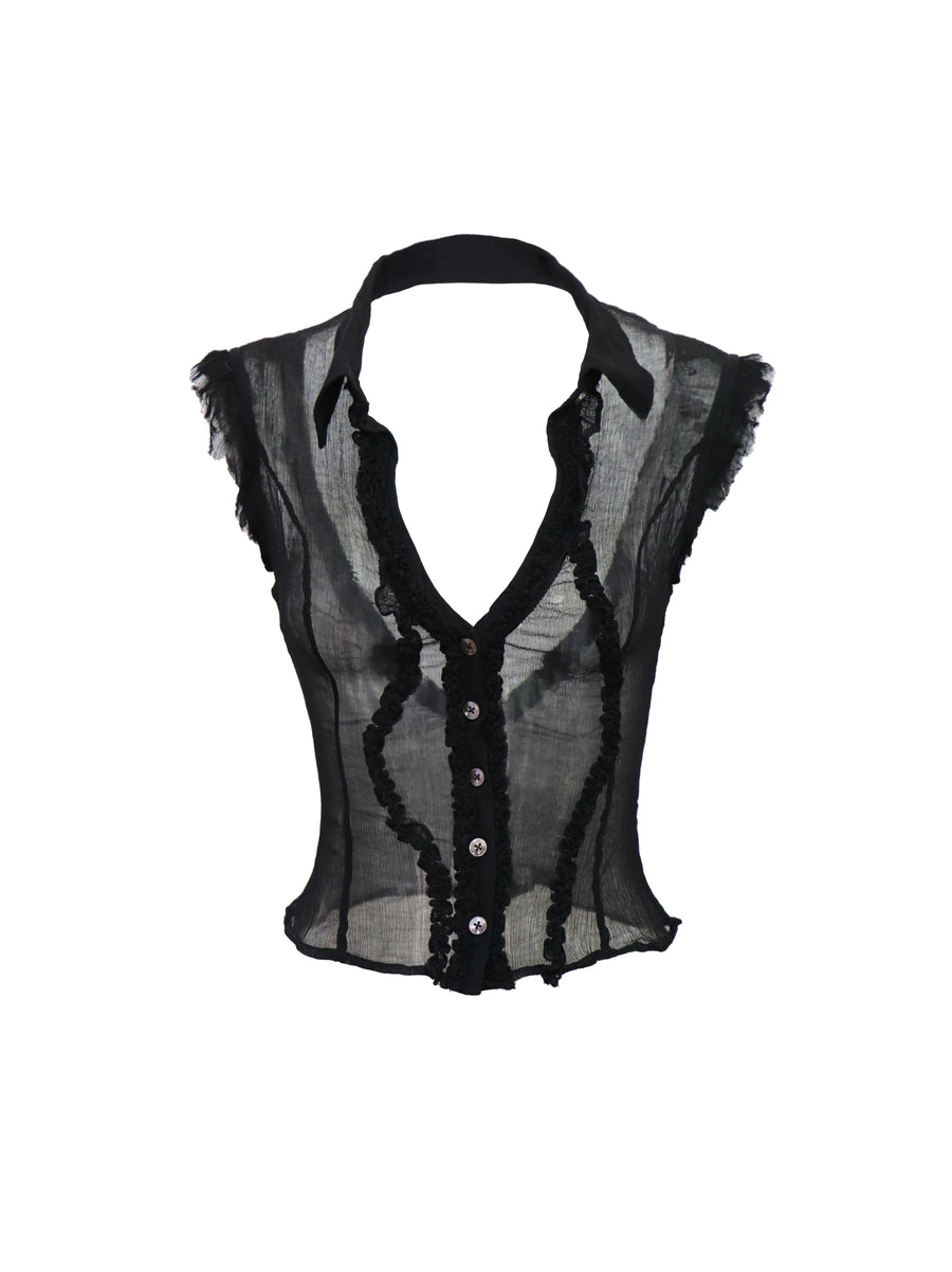 Black Tulle Large Backless Pleated Shirt