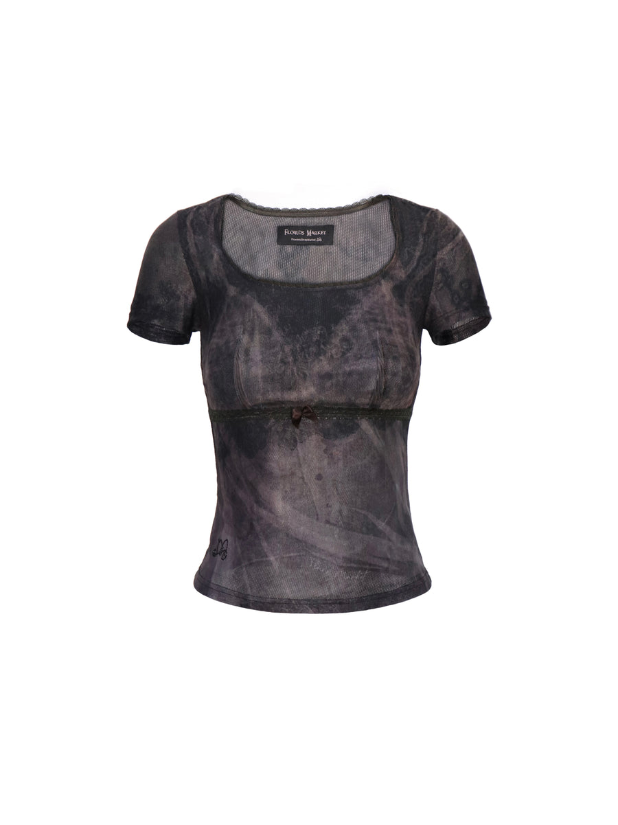 Black Lace Printed Tulle T-Shirt with Bow