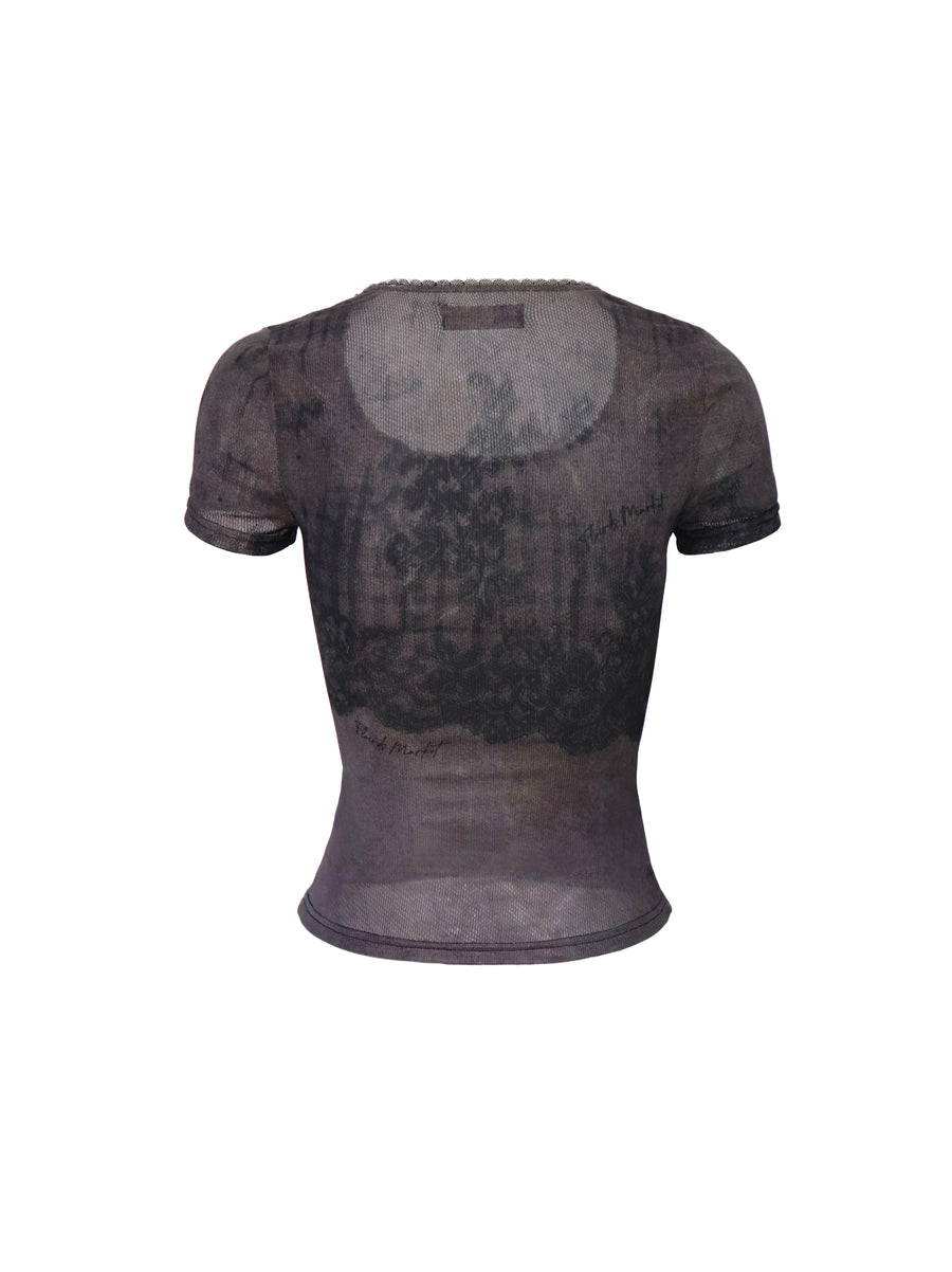 Black Lace Printed Tulle T-Shirt with Bow