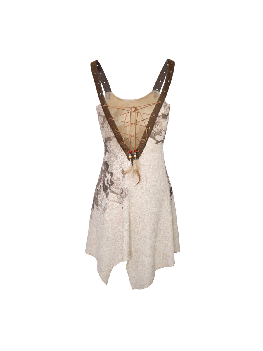 Off-white Linen Knitted Nude Back Tie up Printed Dress