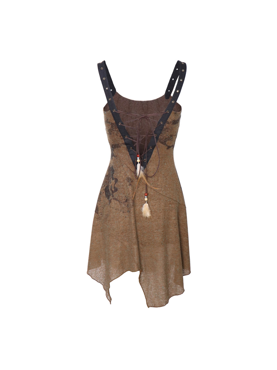 Brown Linen Knitted Nude Back Tie up Printed Dress