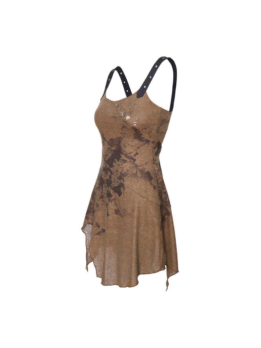 Brown Linen Knitted Nude Back Tie up Printed Dress