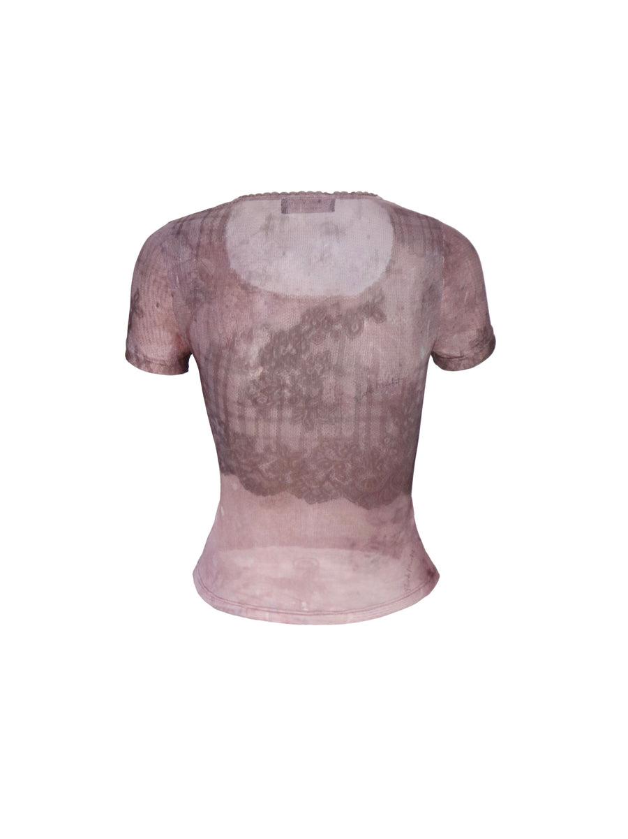 Pink Lace Printed Tulle T-Shirt with Bow