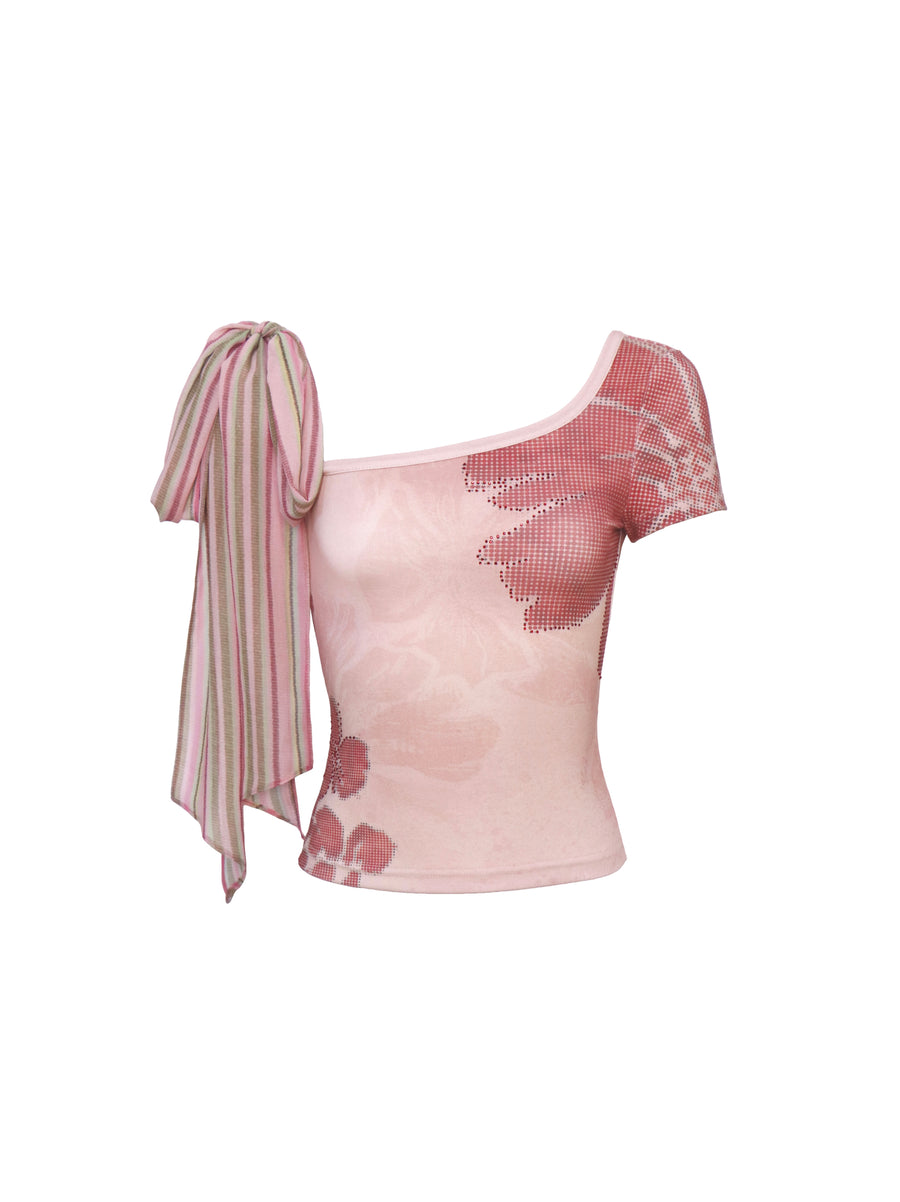 Pink Flowers Print Slanted Shoulder T-Shirt