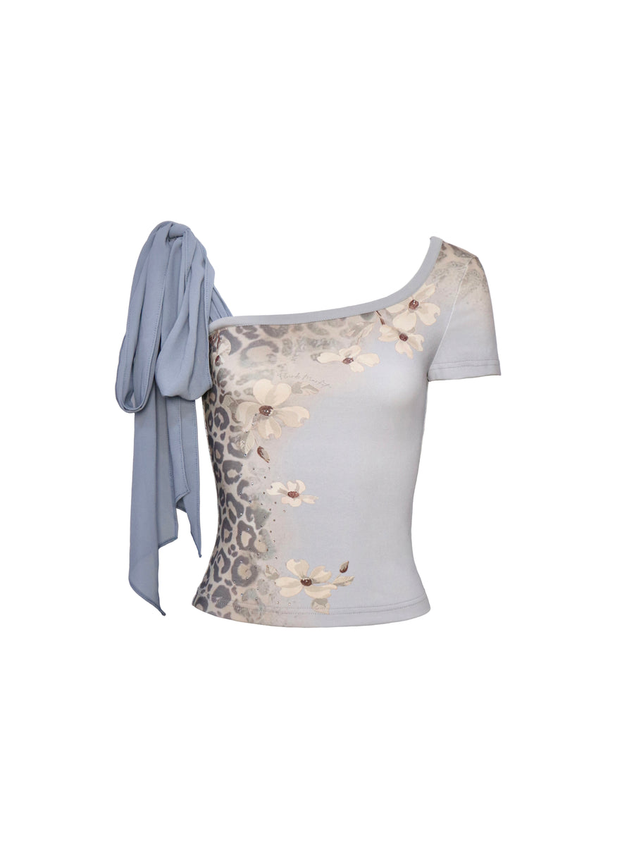 Light Blue Leopard Print Slanted Shoulder T-Shirt