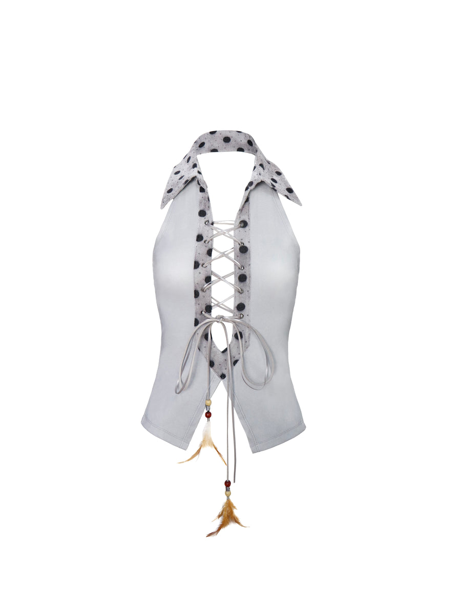 Blue-Gray Nude Back Top with Pendant Feathers