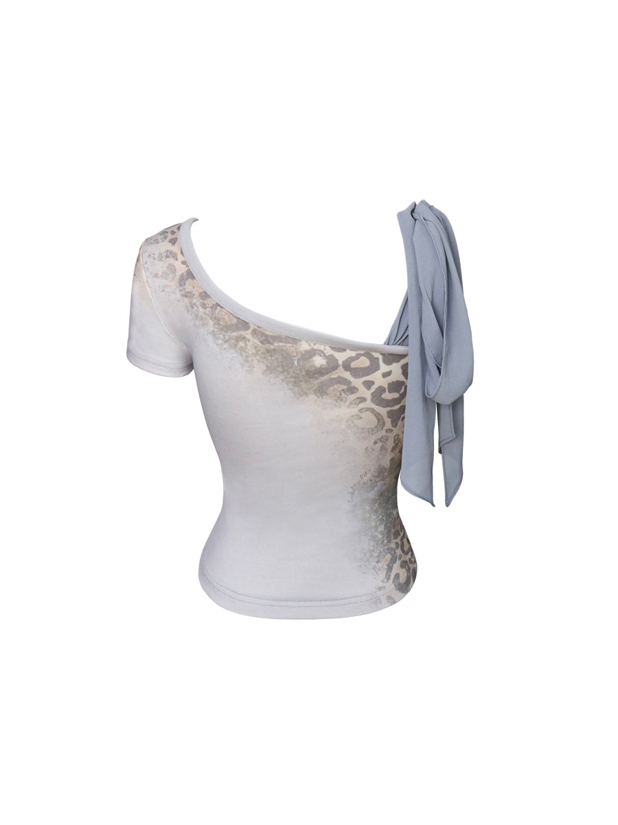Light Blue Leopard Print Slanted Shoulder T-Shirt