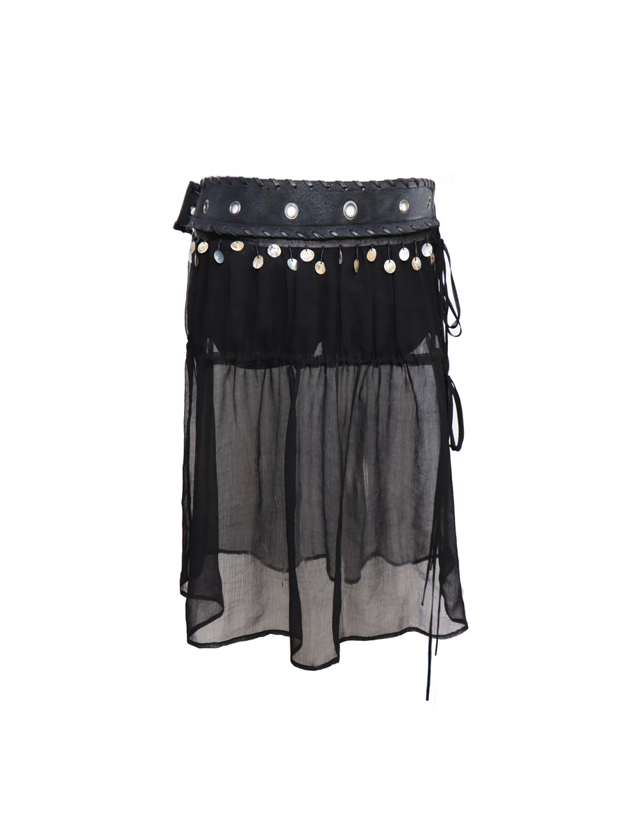 Black Detachable Tulle Mid-length Skirt and Shorts with PU Leather