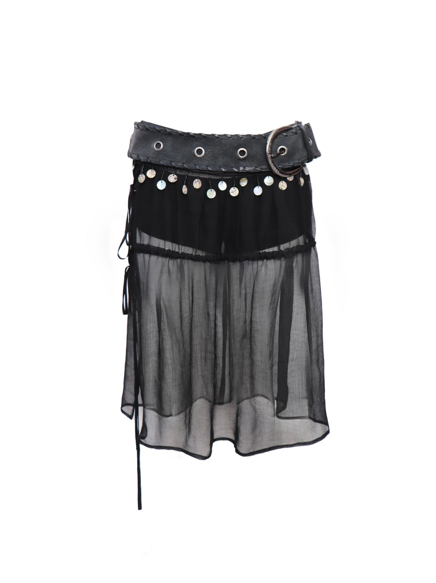 Black Detachable Tulle Mid-length Skirt and Shorts with PU Leather
