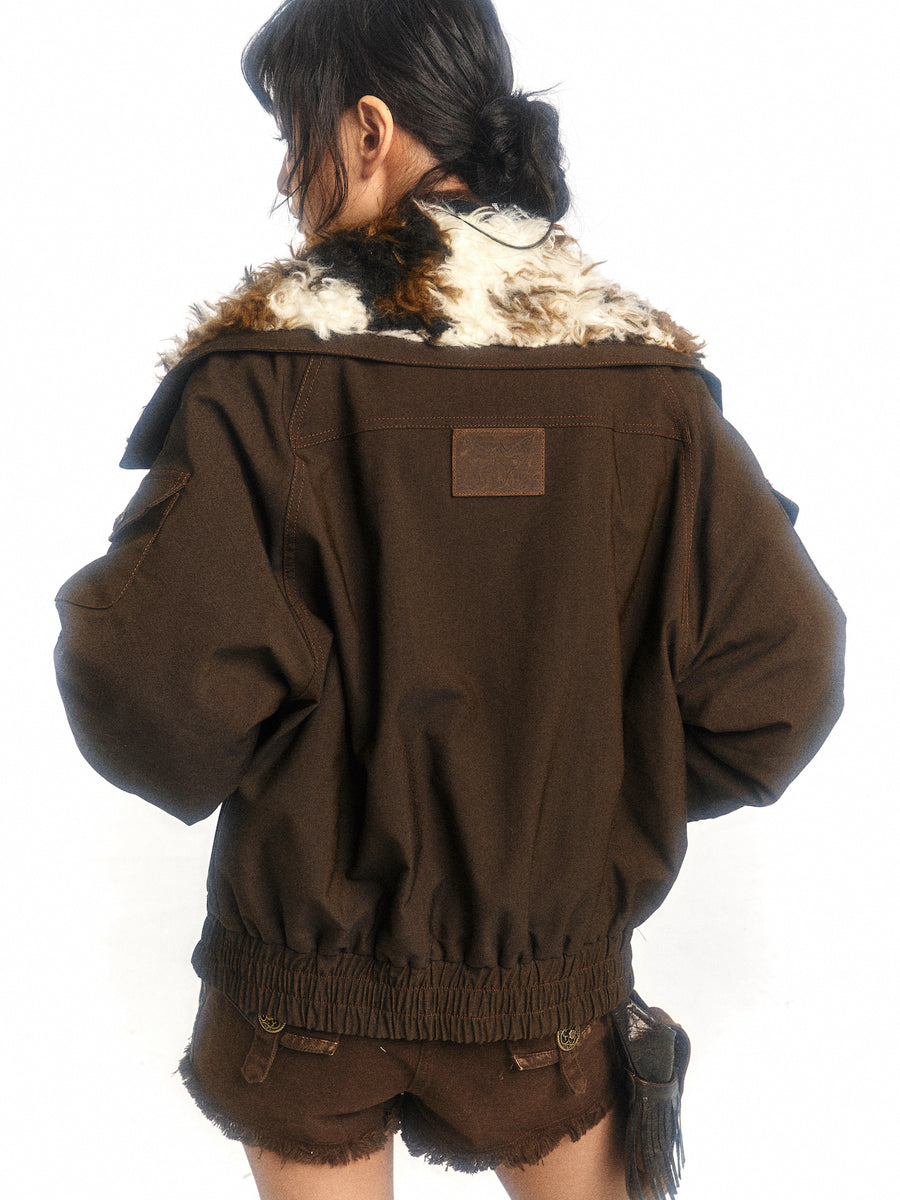 Cow Print Oversized Fur Lamb's Wool Collar Parka