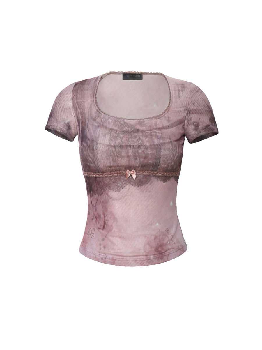 Pink Lace Printed Tulle T-Shirt with Bow
