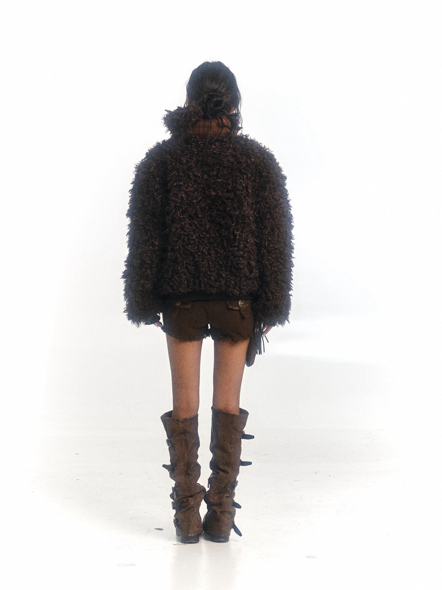 Dark Brown Wool Roll Fur Plus Cotton Coat