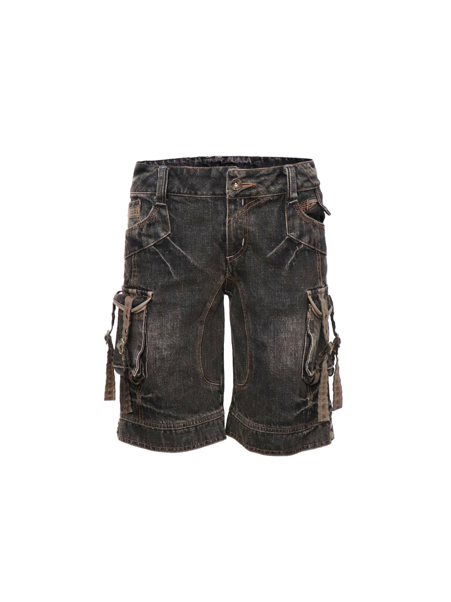 Multi Pocket Black Denim Five Point Pants