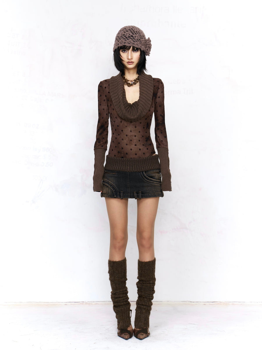 Deconstructed Knitted Denim Low-Waisted Skirt