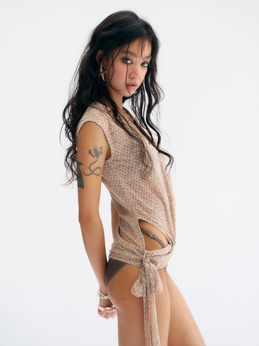 Beige Plaid Mesh Vest with Fine Glitter Silver Thread
