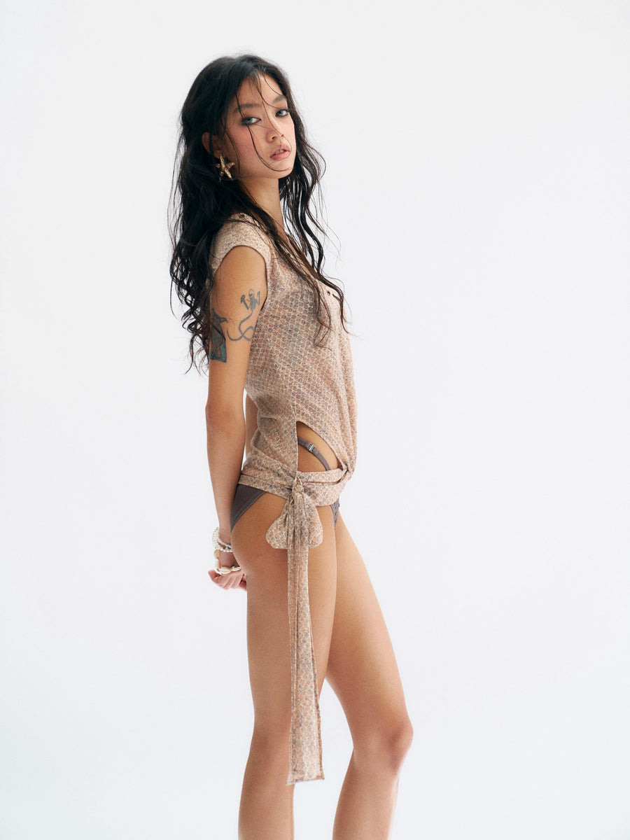 Beige Plaid Mesh Vest with Fine Glitter Silver Thread