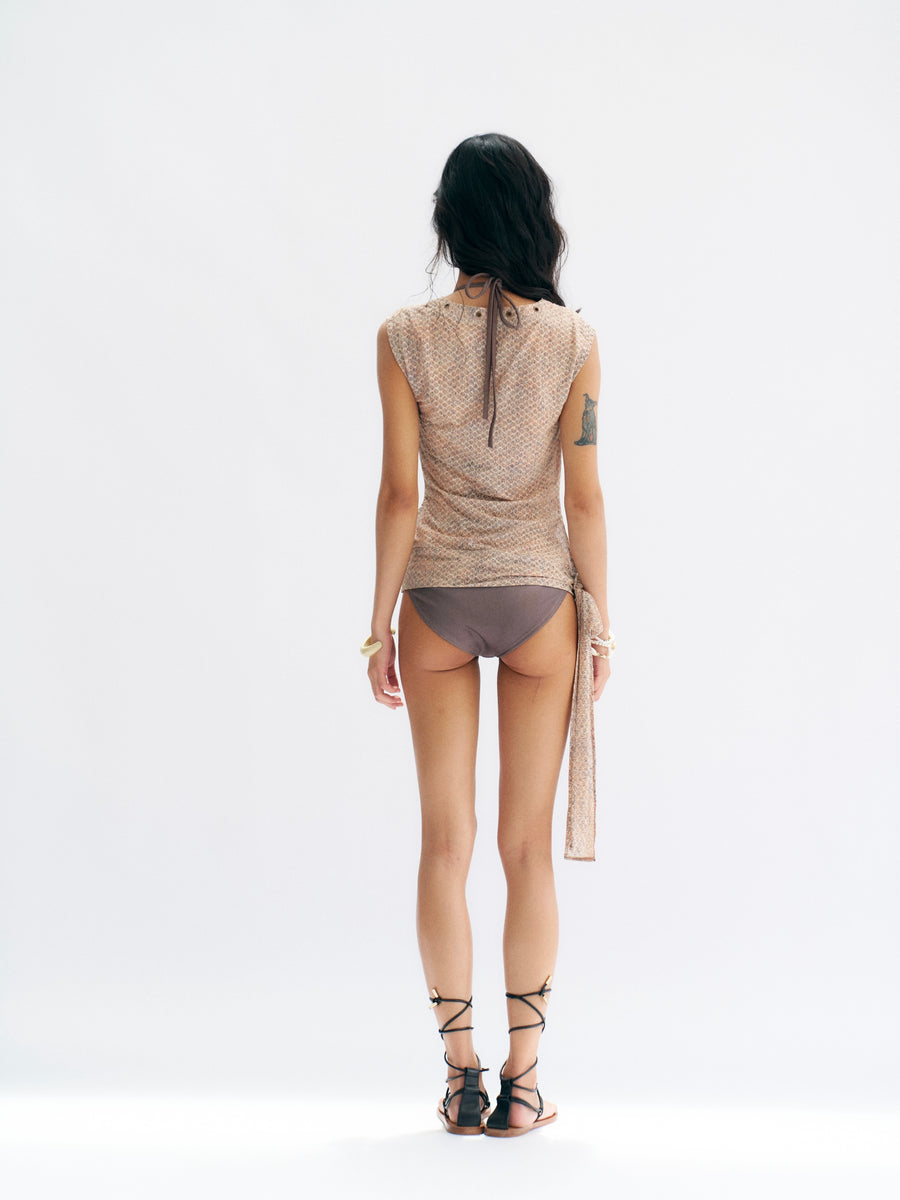 Beige Plaid Mesh Vest with Fine Glitter Silver Thread