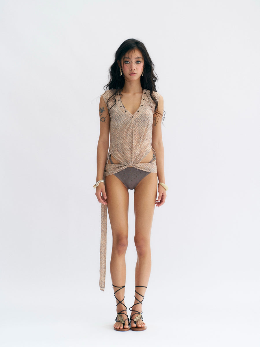 Beige Plaid Mesh Vest with Fine Glitter Silver Thread