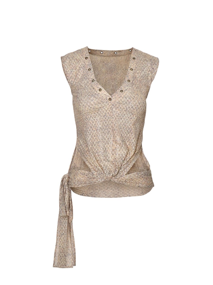 Beige Plaid Mesh Vest with Fine Glitter Silver Thread