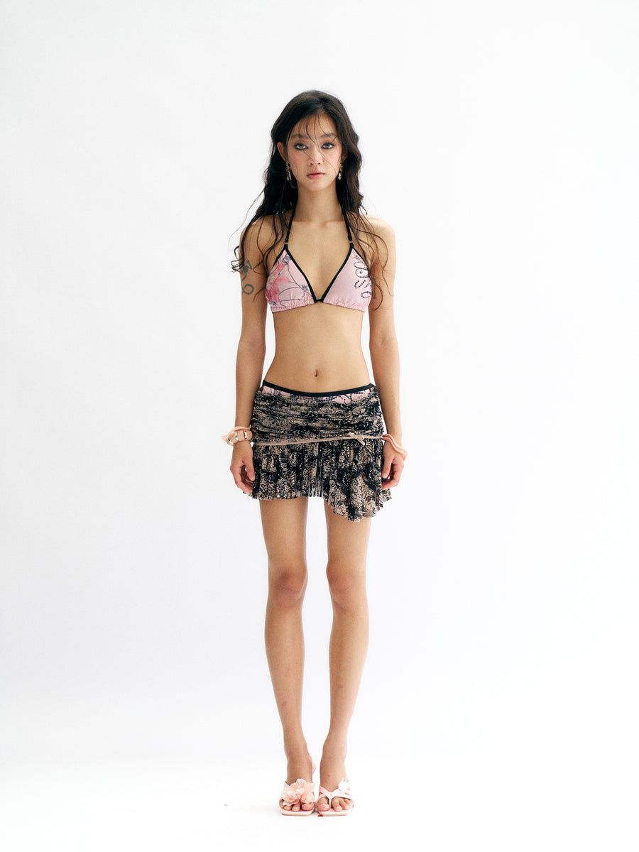 Double-Layer Pleated Tulle Short Skirt with Bow
