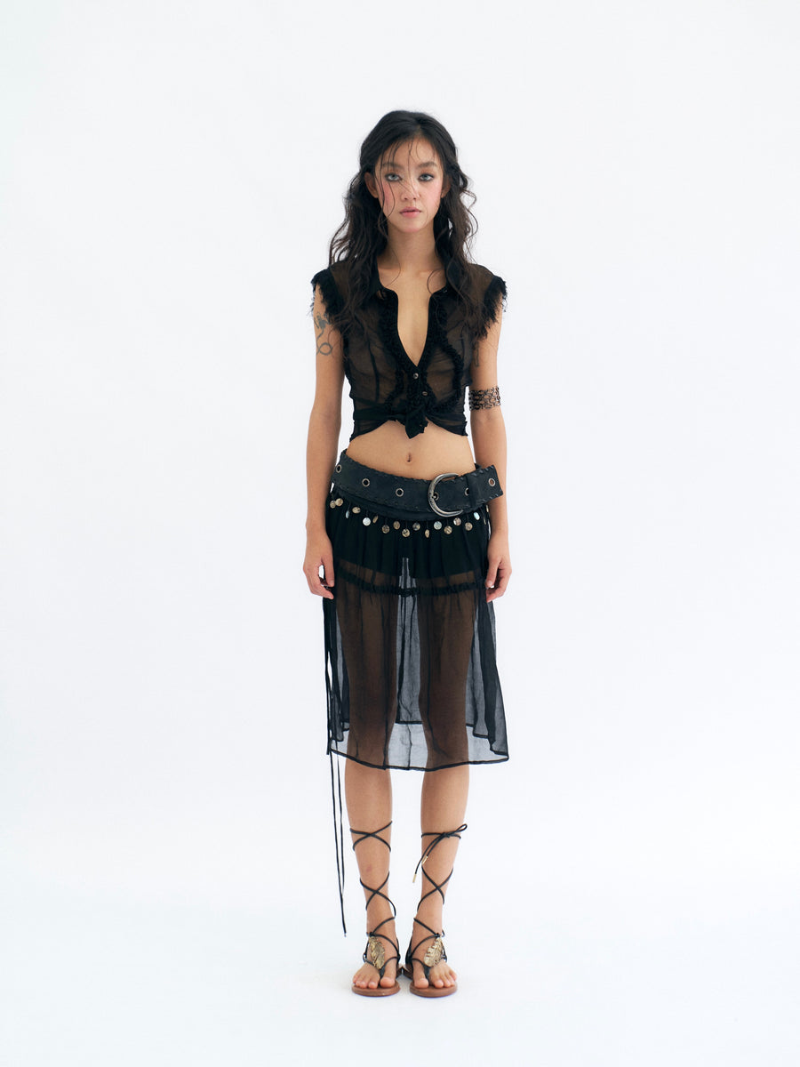 Black Tulle Large Backless Pleated Shirt