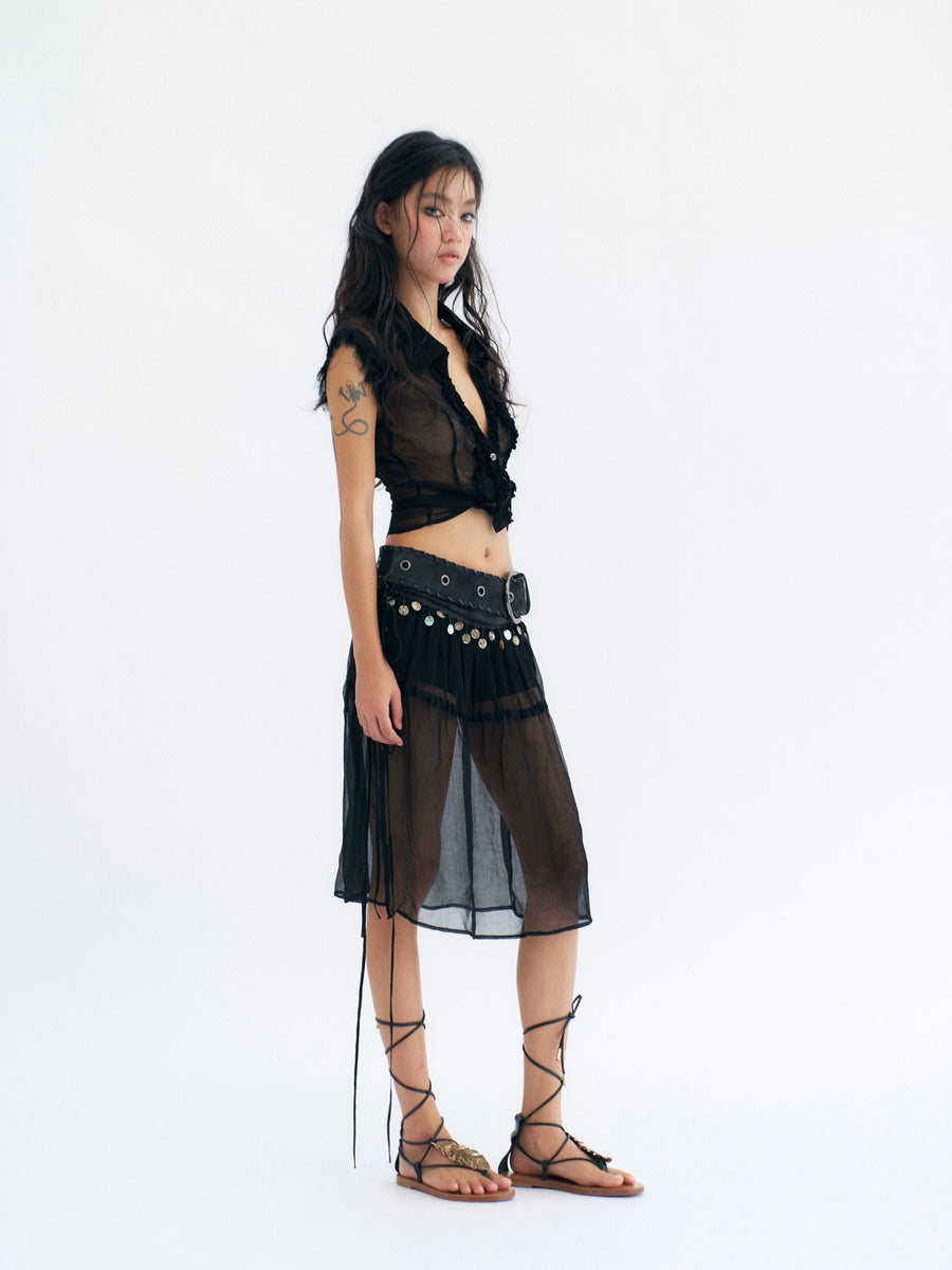 Black Tulle Large Backless Pleated Shirt