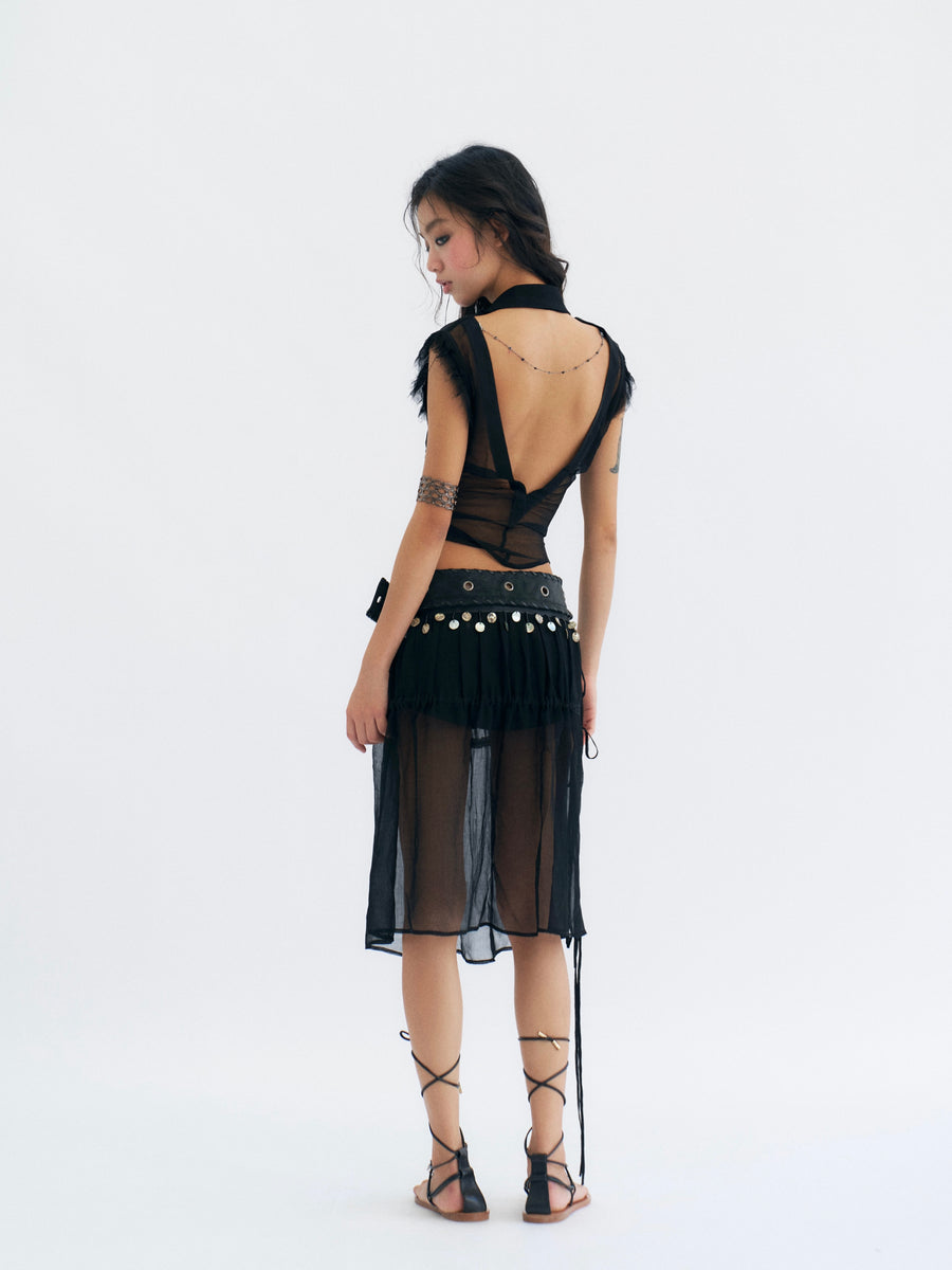 Black Tulle Large Backless Pleated Shirt